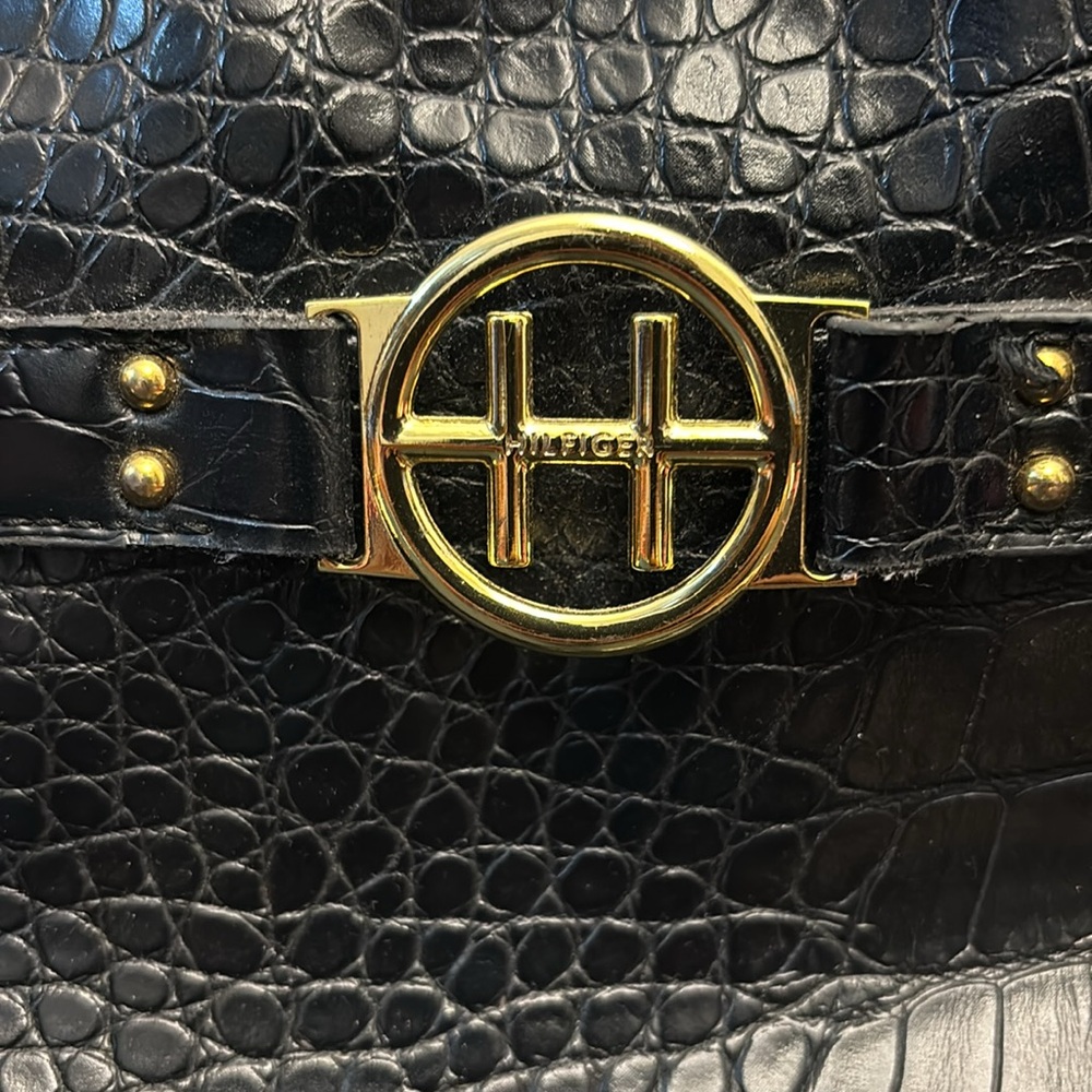 Tommy Hilfiger Black Crocodile-Embossed Open Tote Bag Gold Hardware - Picture 2 of 10